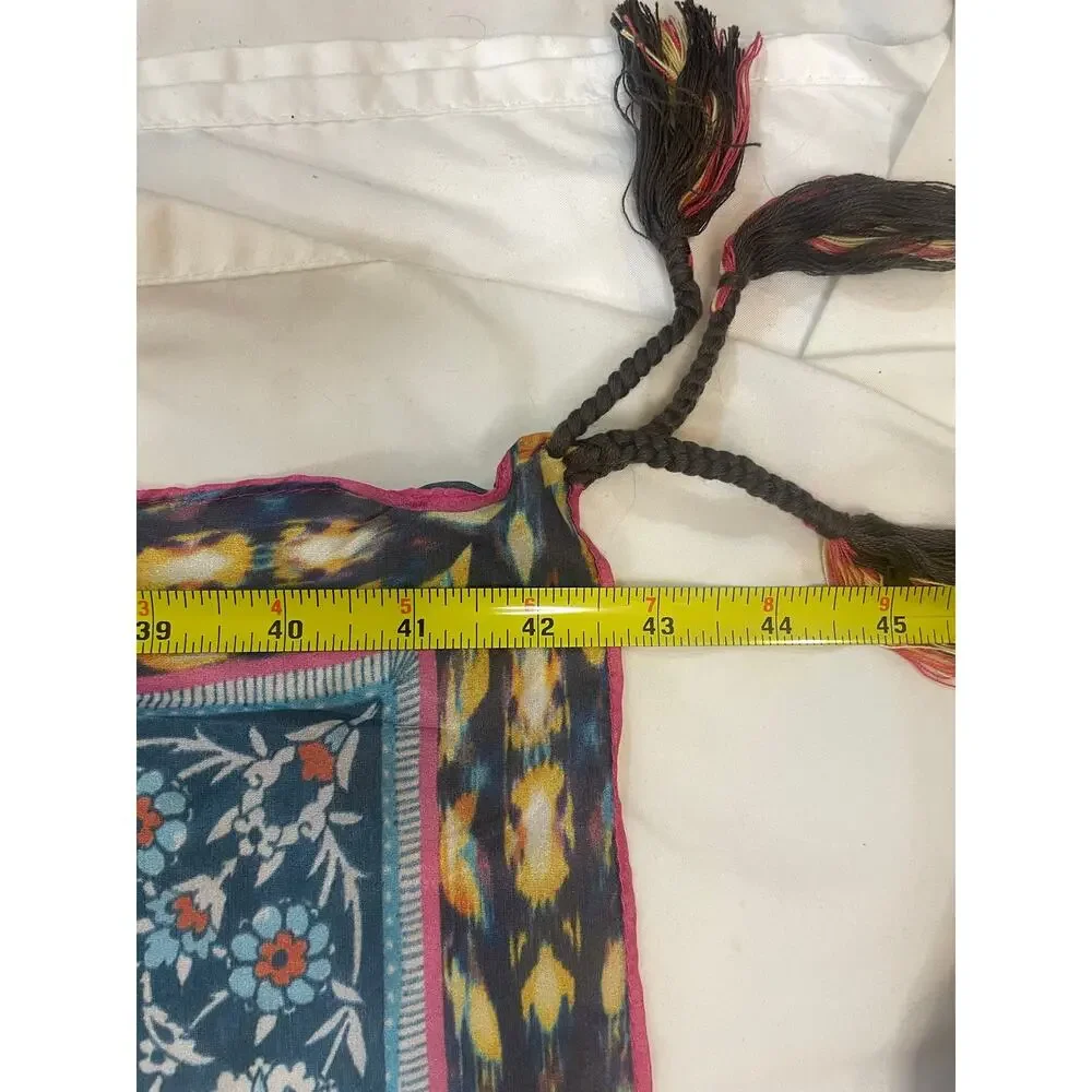 Johnny Was Silk Scarf Large Square Patchwork Boho Tassel Wrap Pink Blue